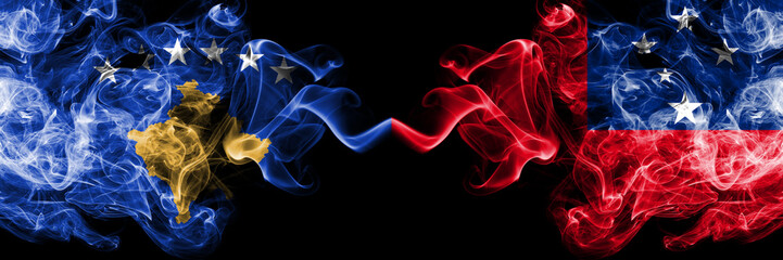 Kosovo vs Samoa, Samoan smoky mystic flags placed side by side. Thick colored silky smokes...