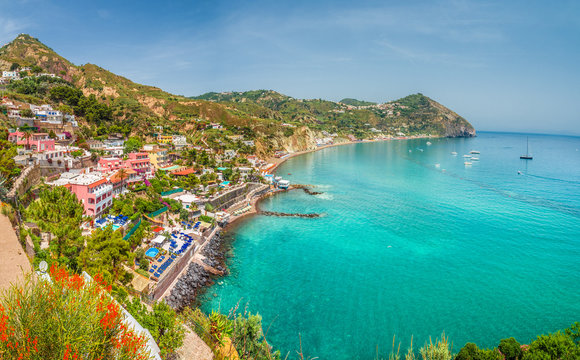 Landscape with Sant Angelo village and Maronti beach, coast of Ischia, Italy 
