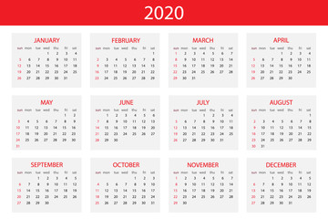 Calendar 2020 year, simple design template, week starts on Sunday, vector illustration