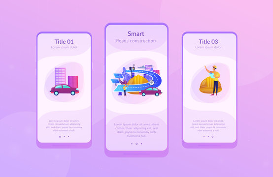 Building engineer and smart road using sensors and solar energy. Smart roads construction, smart highway technology, IoT city technology concept. Mobile UI UX GUI template, app interface wireframe