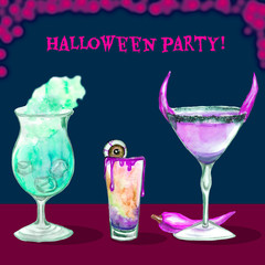 Halloween party cocktails . Hand drawn watercolor illustration of the drinks.