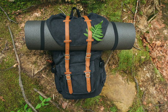 Hipster hiker tourist backpack , traveler relax holiday concept, travel adventure. View from above