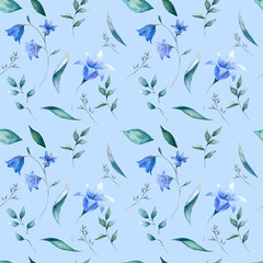 Watercolor seamless pattern with flowers and herbs