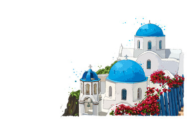 Greece summer island landscape with traditional greek church isolated. Santorini hand drawn vector horizontal background. Picturesque sketch. Ideal for cards, invitations, banners, posters.