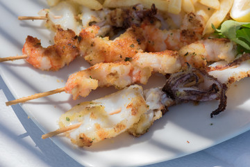 Squid skewers close up