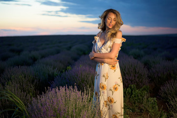 Happy blonde woman in lavender field