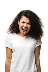 irritated african american woman screaming isolated on white