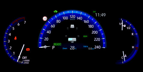 Car counter in hybrid vehicle. Instrument panel with display indicating battery charge level,...