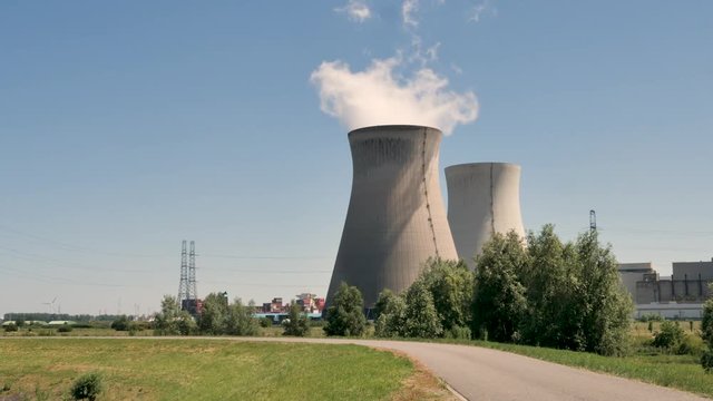 Doel Nuclear Power Station with smoking cooling towers