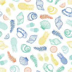 Vector white colorful tropical beach pattern with seashells, pinapples and hats. Perfect for fabric, scrapbooking, wallpaper projects.