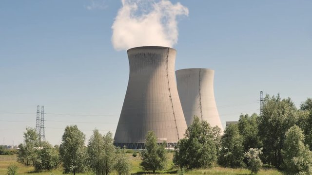 Doel Nuclear Power Plant with smoking cooling towers