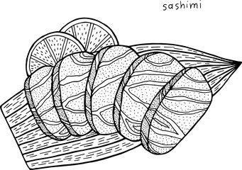 Sashimi - japanese food ink illustration. Graphic black and white artwork. Coloring page for adults. Vector illustration