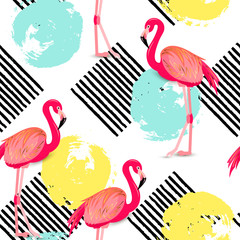 Seamless pattern with hand drawn circles, striped squares and pink flamingos. Vector illustration.