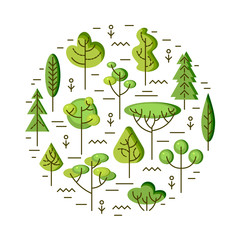 Vector illustration with trees isolated on white background. Ecological concept. Design element for flyer, poster, invitation, Earth day. Flat and line style design. Circle concept.
