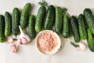 Fresh garden organic cucumbers in row ready for pickled with garlic, dill and pink Himalayan salt over white marble background. Flat lay, space