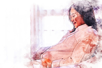 Abstract colorful close-up Asian female belly on sofa in house on watercolor illustration painting background.