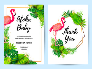 Invitation cards set with pink flamingo and tropical leaves. Vector illustration tropical templates. Place for text. Great for flyer, baby shower invitation, wedding.