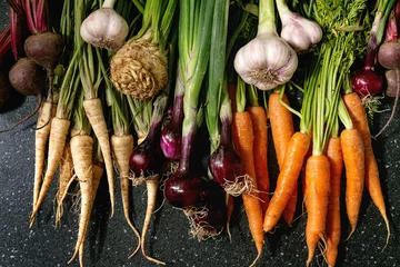 Fotobehang Verscheidenheid van wortel tuin groenten wortel, knoflook, paarse ui, rode biet, pastinaak en selderij met toppen over zwarte textuur achtergrond. Platliggend, ruimte © Natasha Breen