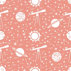 Photo sur Plexiglas Cosmos Modèle sans couture. Télescope, soleil, planètes, étoiles.