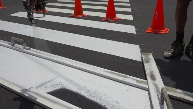 Worker is painting a pedestrian crosswalk.