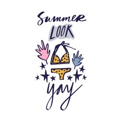 Summer starter pack clothing. Two piece swimsuit. Handdrawn cute lettering text. Vector.