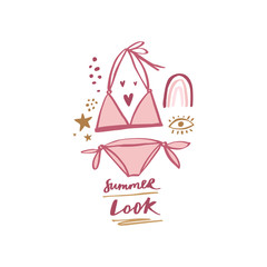 Summer starter pack clothing. Two piece swimsuit. Handdrawn cute lettering text. Vector.