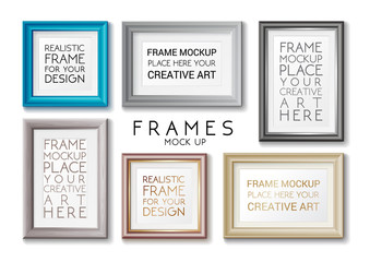 Realistic rectangular gold and blue frames set template, frames on the wall mockup with decorative borders