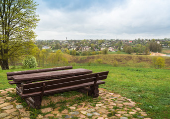 brown wooden bench and table; a mountain with a panoramic view of the city; spring with green grass and thriving leaves