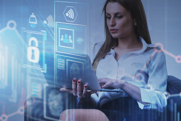 Woman with laptop, business interface