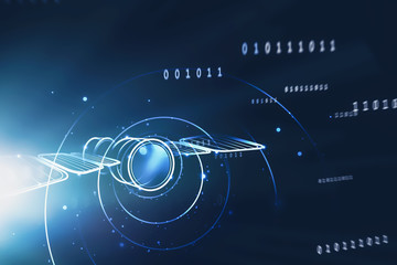 Satellite and code lines on blue