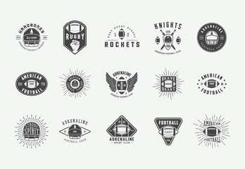 Set of vintage rugby and american football labels, emblems, badges and logo. Vector illustration.