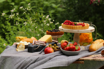 picnic in nature, pies and salads, fresh berries and fruits