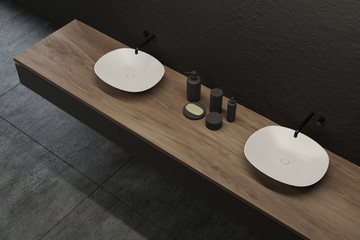 Top view of double sink in gray bathroom