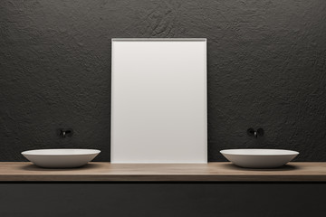 Double sink and poster in gray bathroom