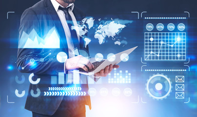 Man with laptop, business infographics