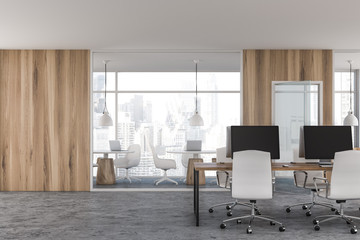 Light wooden open space office interior