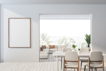 White dining room and living room interior, poster