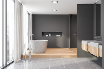 Tile floor grey bathroom, tub and double sink