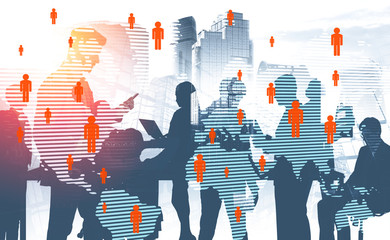 Business team, social media, international company