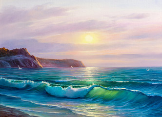 Sunset on the sea, painting by oil on canvas.