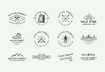 Set of vintage camping outdoor and adventure logos, badges, labels, emblems, marks and design elements. Graphic Art. Vector Illustration.
