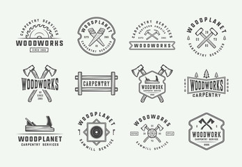 Set of vintage carpentry, woodwork and mechanic labels, badges, emblems and logo. Vector illustration. Monochrome Graphic Art.