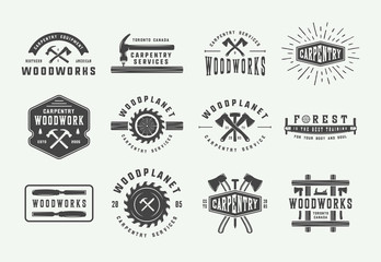 Set of vintage carpentry, woodwork and mechanic labels, badges, emblems and logo. Vector illustration. Monochrome Graphic Art