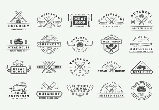 Set of vintage butchery meat, steak or bbq logos, emblems, badges, labels. Graphic Art. Illustration. Vector - Vector