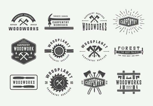 Set of vintage carpentry, woodwork and mechanic labels, badges, emblems and logo. Vector illustration. Monochrome Graphic Art