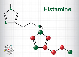 Histamine molecule. It is amine, nitrogenous compound, stimulant of gastric secretion, vasodilator, and centrally acting neurotransmitter. Sheet of paper in a cage.