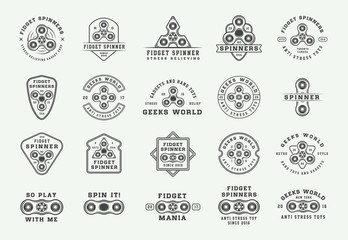 Set of vintage fidget spinners logos, emblems, badges and motivational posters. Monochrome Graphic Art. Vector Illustration.