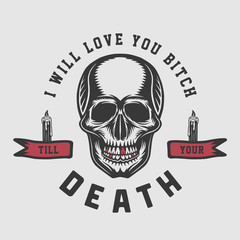 Vintage retro valentine funny poster with skull. Vector Illustration.