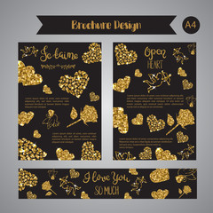 Love text on set of banners Romantic lettering with glitter. Golden text with sparkles. Cards for valentine day. Vector illustration