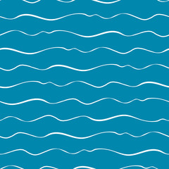 Abstract hand drawn doodle sea waves. Seamless geometric vector pattern on ocean blue background. Great for marine themed products, spa, wellness, beauty, stationery, giftwrap